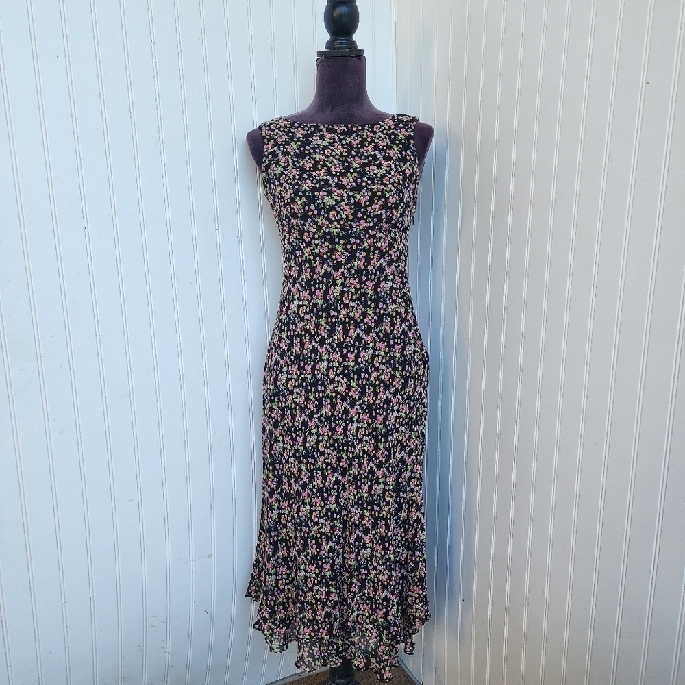 Talbots Pure Silk Women's Black Pink Polka Dot Sleeveless Midi Dress Petite 6